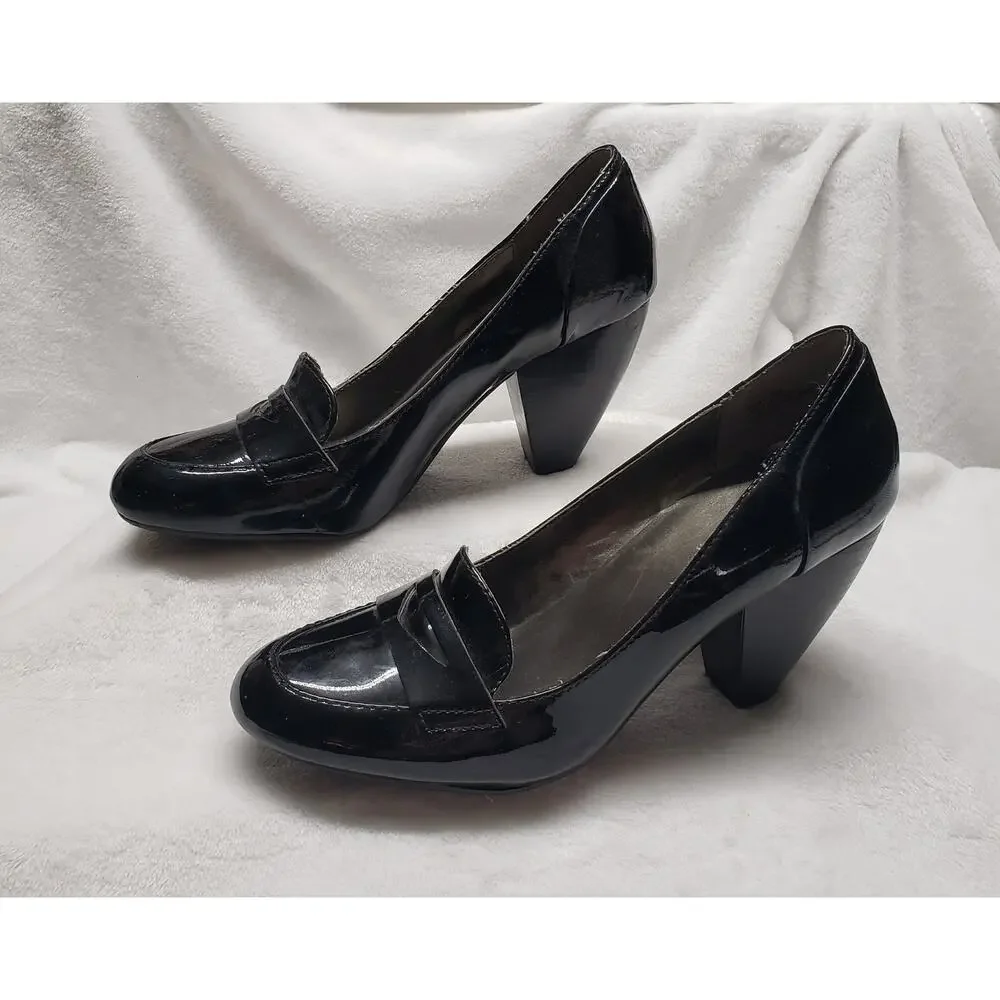 Me Too Black Patent Leather Heels 7 Office Siren 90s Minimalist Fairy Chunky